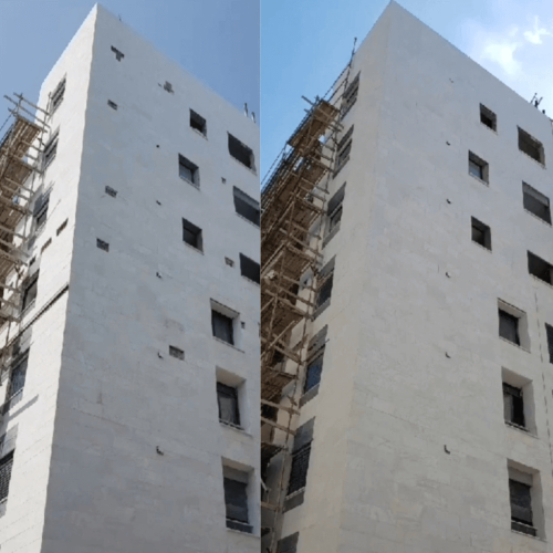 עבודת איטום וחיזוק והשלמת אריחי שיש על קירות חיצוניים